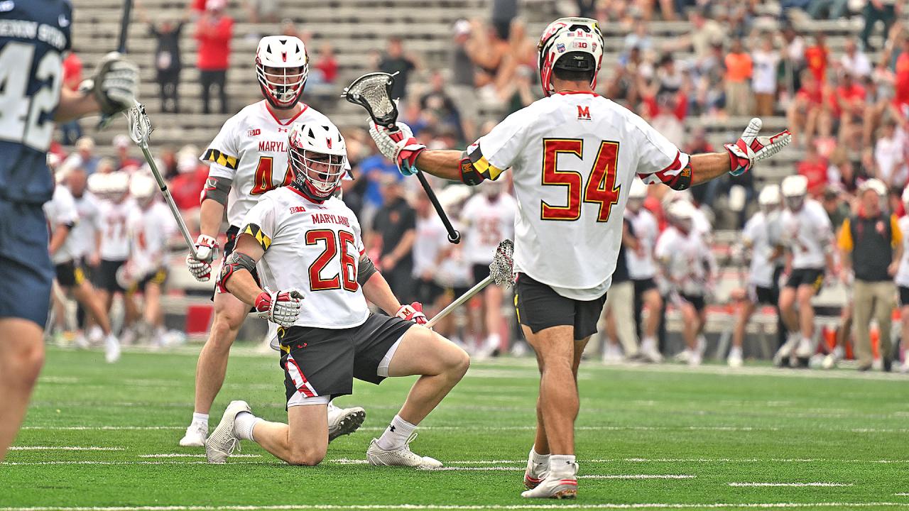 Maryland's AJ Larkin and George Stamos celebrate during the Terps win over Penn State.